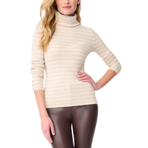 J.McLaughlin Women Striped Arlette Turtleneck M Oatmeal Cotton Modal Stretch NWT - Picture 1 of 8